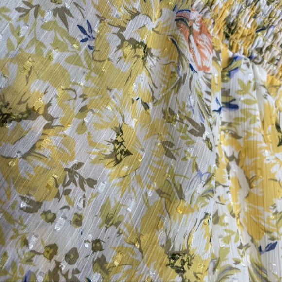 Joie Women's Yellow Floral Smocked Off Shoulder Chiffon Top M Cottagecore Boho - Picture 8 of 9